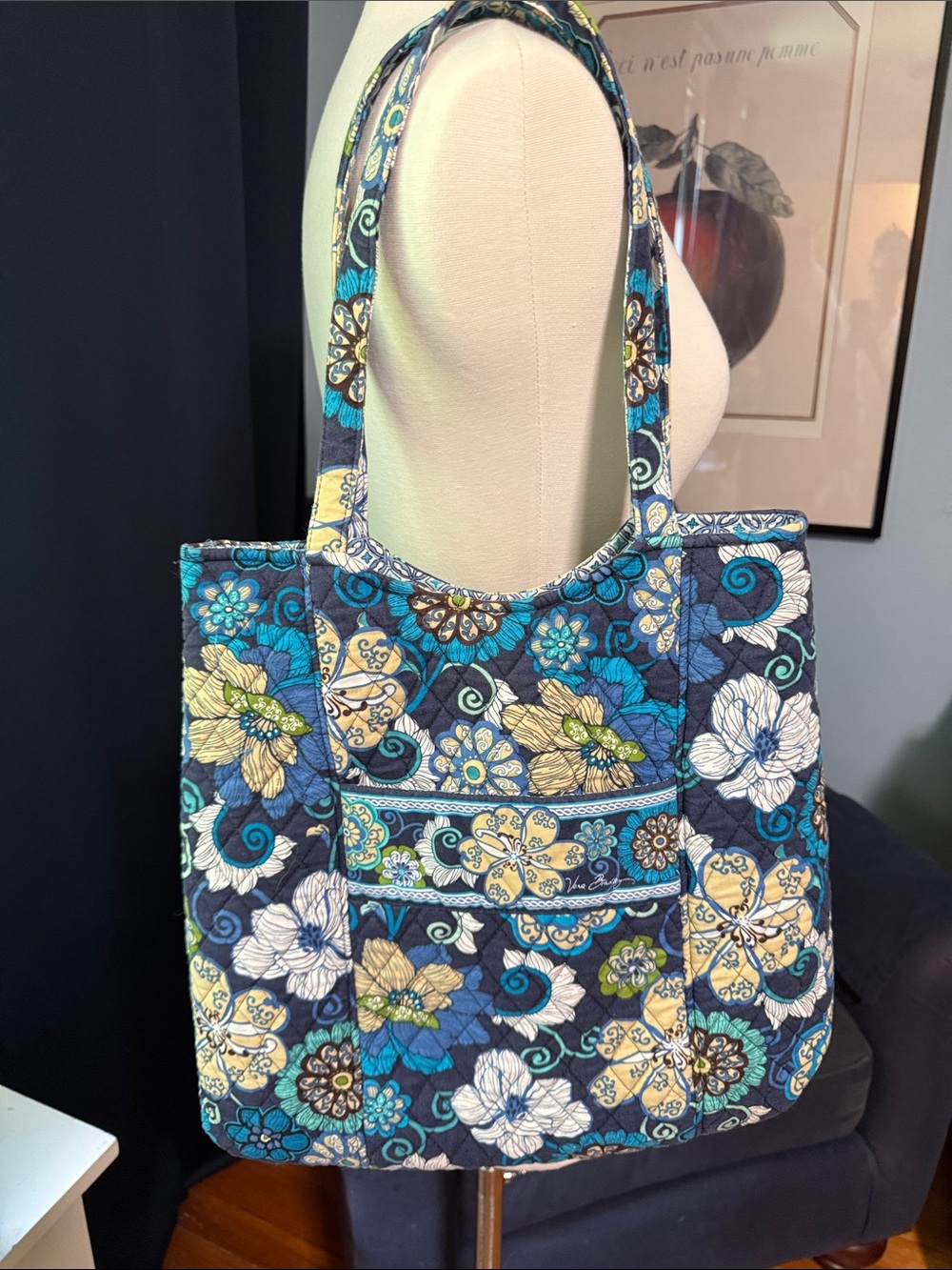Vera Bradley Navy, Teal & White Quilted Floral Tote